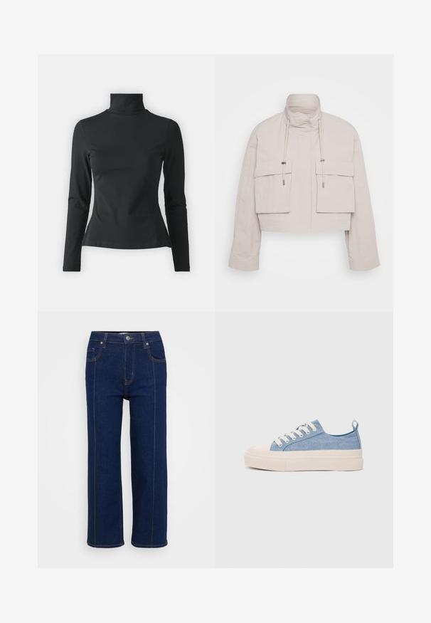 Kurze Jacke aus hellbeigem Stoff mit hohem Kragen, zwei aufgesetzten Fronttaschen und verstellbaren Kordeln für einen sicheren Sitz.; Even&Odd Petite Langarmshirt - black; Dunkelblaue gerade Jeans mit Knopfverschluss, vorderen und hinteren Taschen sowie sichtbaren orangefarbenen Nähten entlang der Nähte.; Helleblaue Leinensneaker mit einer cremefarbenen Gummikappe und Außensohle, ausgestattet mit weißen Schnürsenkeln und einer Zuglasche an der Ferse.