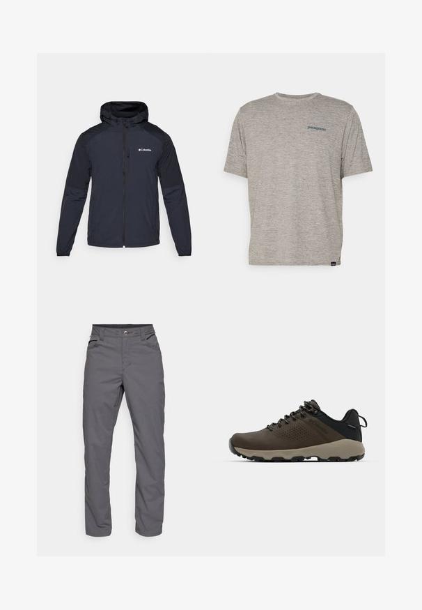 Vyriška striukė su gobtuvu tamsiai mėlynos spalvos, pagaminta iš lengvos, vandeniui atsparios medžiagos. Yra pilnas užtrauktukas, elastingi rankogaliai ir logotipas ant krūtinės.; Pilkas trumpas rankovės marškinėliai, pagaminti iš minkštos, tekstūruotos medžiagos, ant kairiojo krūtinės puikuojasi mažas mėlynas Patagonia logotipas. Be papildomų raštų.; Šviesiai pilki, tiesaus kirpimo kelnių modeliai, pagaminti iš lengvos medžiagos. Yra dvi priekinės kišenės ir užtrauktukas su mygtuko uždarymu. Lygus paviršius.; Rudi nepralaidūs sportbačiai su tekstūruota viršutine dalimi, perforuotomis detalėmis, juodu kulno palaikymu ir pilku guminio padu. Šniūreliai yra dekoruoti metaliniais galais.