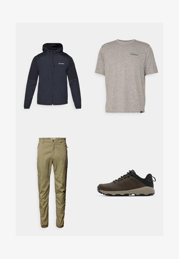 Heren capuchonjack in donker marineblauw, gemaakt van lichtgewicht, waterafstotend materiaal. Kenmerken zijn een volledige rits, elastische manchetten en een logo op de borst.; Grijze T-shirt met korte mouwen, gemaakt van zachte, gestructureerde stof, met een klein blauw Patagonia-logo op de linkerkant van de borst. Geen extra patronen.; Olijfgroene broek van lichtgewicht stof, met voorzakken, een ritsdetail aan de zijkant en elastische manchetten.; Bruine waterdichte sneakers met een gestructureerde bovenkant, geperforeerde accenten, zwarte hielsteun en een grijze rubberen zool. De veters zijn voorzien van metalen uiteinden.