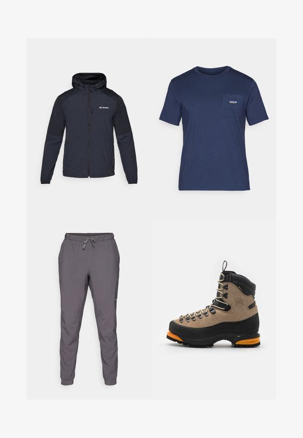 Vīriešu kapuci jaka tumši zils, izgatavota no viegla, ūdensizturīga auduma. Satur pilnu rāvējslēdzēju, elastīgas aproces un logotipu uz krūtīm.; Navy zila kokvilnas t-krekls ar īsām piedurknēm, apaļu kakla izgriezumu un krūšu kabatu ar mazu logotipa uzšuvumu. Mīksta tekstūra, klasiskā piegriezuma.; Pelēki, viegli, elastīgas jostas bikses ar regulējamu auklu; sašaurinātas kājas; gluda tekstūra; ar logo detaļu sānos.; Brownsuede un melnas ādas pārgājienu zābaki ar oranžiem akcentiem, metāla acīm un biezu gumijas zoli. Iekļauj pastiprinātu pirkstu un augstu potītes atbalstu.