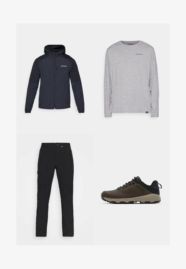 Moška kapuca jakna v temno modri barvi, izdelana iz lahkega, vodoodpornega materiala. Ima poln zadrgo, elastične manšete in logo na prsih.; Svetlo siva majica dugih rukava od mekog, teksturiranog materijala. Ima okrugli izrez i mali plavi Patagonia logo na grudima.; Črne pohodniške hlače iz trpežnega materiala, z dvema sprednjima žepoma na zadrgo, paneli za kolena in nastavljivimi trakovi na pasu in na konicah hlačnic.; Rjave vodoodporne superge z teksturiranim zgornjim delom, perforiranimi detajli, črno podporo za peto in sivo gumijasto podlogo. Šnure imajo metalne konice.