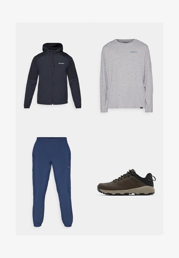 Men's hooded jacket in dark navy, made of lightweight, water-resistant fabric. Features a full zipper, elastic cuffs, and a logo on the chest.; Light gray long-sleeve t-shirt made of soft, textured fabric. Features a crew neck and a small blue Patagonia logo on the chest.; Navy blue pants made from a soft material with an elastic waistband and elastic cuffs, featuring a subtle logo on the side.; Brown waterproof sneakers with a textured upper, perforated accents, black heel support, and a grey rubber sole. Laces are styled with metallic ends.