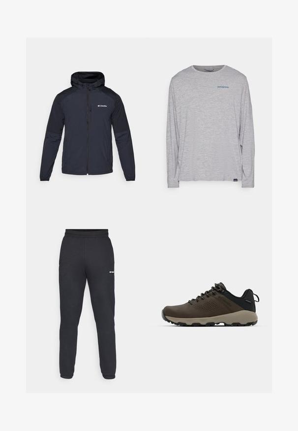 Vīriešu kapuci jaka tumši zils, izgatavota no viegla, ūdensizturīga auduma. Satur pilnu rāvējslēdzēju, elastīgas aproces un logotipu uz krūtīm.; Gaiši pelēks garām piedurknēm t-krekls, izgatavots no mīksta, teksturēta auduma. Ar apaļu izgriezumu un nelielu zilu Patagonia logotipu uz krūtīm.; Melnas sporta bikses no mīksta materiāla, ar ciešu jostu un sašaurinātiem svārkiem. Neliels balts logo atrodas kreisajā pusē.; Brūni ūdensnecaurlaidīgi sporta apavi ar teksturētu virsu, perforētiem akcentiem, melnu papēža atbalstu un pelēku gumijas zoli. Šņores veidotas ar metāliskiem galiem.