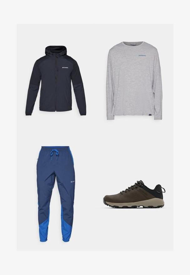 Moška kapuca jakna v temno modri barvi, izdelana iz lahkega, vodoodpornega materiala. Ima poln zadrgo, elastične manšete in logo na prsih.; Svetlo siva majica dugih rukava od mekog, teksturiranog materijala. Ima okrugli izrez i mali plavi Patagonia logo na grudima.; Columbia COLUMBIA TECH™ PANT - Hlače za na prostem - collegiate navy; Rjave vodoodporne superge z teksturiranim zgornjim delom, perforiranimi detajli, črno podporo za peto in sivo gumijasto podlogo. Šnure imajo metalne konice.