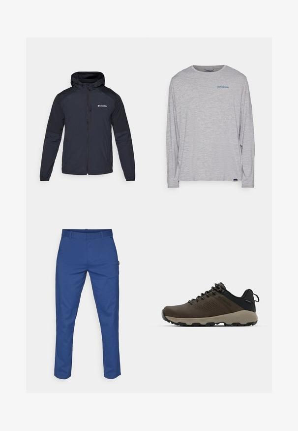 Vīriešu kapuci jaka tumši zils, izgatavota no viegla, ūdensizturīga auduma. Satur pilnu rāvējslēdzēju, elastīgas aproces un logotipu uz krūtīm.; Gaiši pelēks garām piedurknēm t-krekls, izgatavots no mīksta, teksturēta auduma. Ar apaļu izgriezumu un nelielu zilu Patagonia logotipu uz krūtīm.; Zilas bikses no gludas auduma, ar taisnu piegriezumu, divām sānu kabatām un jostas cilpiņām. Nav redzamu rakstu vai metāla detaļu.; Brūni ūdensnecaurlaidīgi sporta apavi ar teksturētu virsu, perforētiem akcentiem, melnu papēža atbalstu un pelēku gumijas zoli. Šņores veidotas ar metāliskiem galiem.