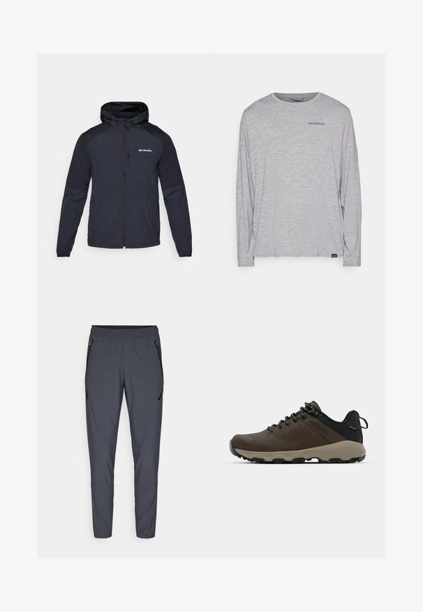 Herrjacka med huva i mörk marinblå färg, tillverkad av lätt och vattentåligt tyg. Funktioner inkluderar en hel dragkedja, elastiska ärmslut och en logotyp på bröstet.; Ljusgrå t-shirt med långa ärmar gjord av mjukt, texturerat tyg. Har en rund hals och en liten blå Patagonia-logotyp på bröstet.; Grå sportbyxor med elastisk midja, fickor med dragkedja på sidorna och en logotypdetalj på vänster lår. Tillverkade av lättviktsmaterial.; Bruna vattentåliga sneakers med en strukturerad ovandel, perforerade detaljer, svart hälstöd och en grå gummisula. Snörningen har metalliska ändar.