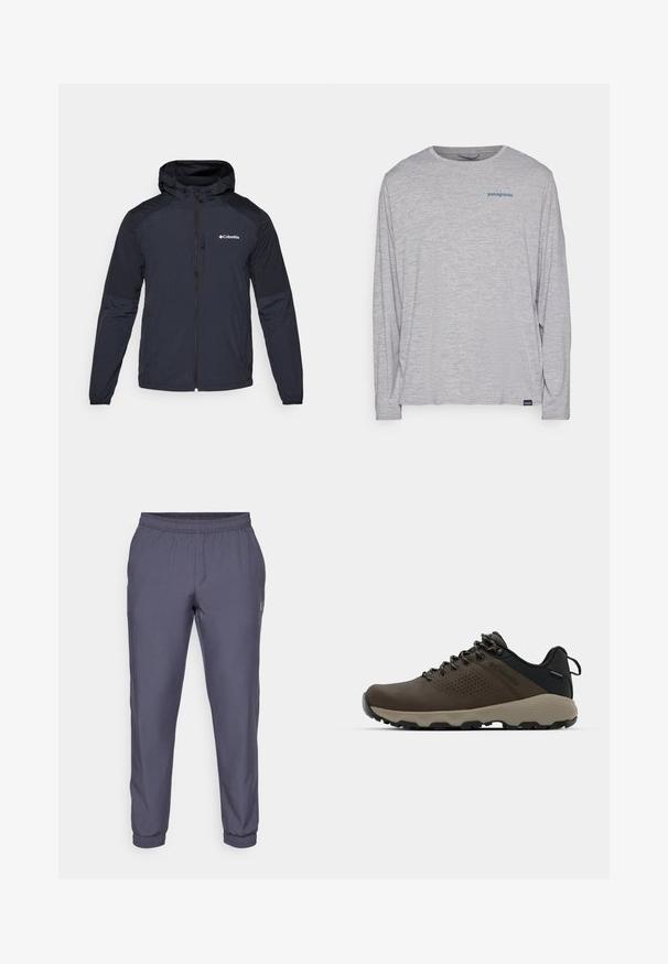 Men's hooded jacket in dark navy, made of lightweight, water-resistant fabric. Features a full zipper, elastic cuffs, and a logo on the chest.; Light gray long-sleeve t-shirt made of soft, textured fabric. Features a crew neck and a small blue Patagonia logo on the chest.; Grey athletic pants with an elastic waistband, tapered legs, and cuffed hems. Smooth texture and minimal branding on the side.; Brown waterproof sneakers with a textured upper, perforated accents, black heel support, and a grey rubber sole. Laces are styled with metallic ends.