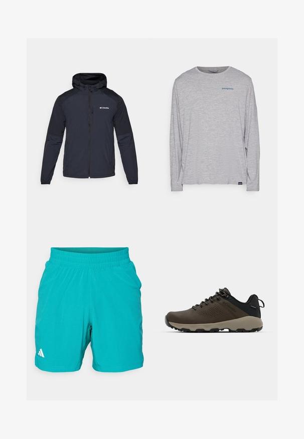 Meeste kapuutsiga jakk tumesinises värvis, valmistatud kergest, veekindlast kangast. Omab täispikka külgzipperit, elastseid mansette ja rinnal logo.; Heledhalli pikkade varrukatega t-särk, mis on valmistatud pehmest, tekstureeritud kangast. Omab ümberkaela lõiget ja väikest sinist Patagonia logo rinna peal.; Teal värvi spordilühikesed püksid elastse vöökohtaga ja tekstuurse mustriga. Alumises vasakus nurgas on valge logo.; Kohandatud veekindlad pruunid spordijalatsid tekstuuriga pealisega, perforatsioonidega detailid, must kandetoetav osa ja hall kummine sisetald. Paelad on metallist otstega.