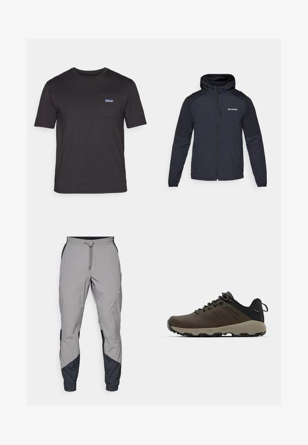 Vyriška striukė su gobtuvu tamsiai mėlynos spalvos, pagaminta iš lengvos, vandeniui atsparios medžiagos. Yra pilnas užtrauktukas, elastingi rankogaliai ir logotipas ant krūtinės.; Juodas trumpo rankovės marškinėliai, pagaminti iš medvilnės, su krūtinės kišene ir mėlynu Patagonia logotipu kairėje pusėje.; Lengvas, pilkos sportinės kelnės su juodais akcentais. Elastingas juosmuo, raišteliu užsegimas, siaurėjantis kojų dizainas ir šoninės kišenės.; Rudi nepralaidūs sportbačiai su tekstūruota viršutine dalimi, perforuotomis detalėmis, juodu kulno palaikymu ir pilku guminio padu. Šniūreliai yra dekoruoti metaliniais galais.