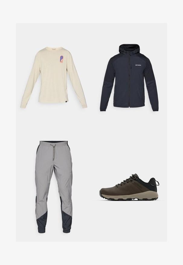 Pánská bunda s kapucí v tmavě námořnické barvě, vyrobená z lehkého, voděodolného materiálu. Má plný zip, elastické manžety a logo na hrudi.; Beige pánská košile Patagonia s dlouhým rukávem a malým modro-červeným logem na levém horním prsu, která obsahuje stylizovaný design a text.; Lehké šedé sportovní kalhoty s černými detaily. Elastický pas, stahovací šňůrka, tapered nohavice a boční kapsy.; Hnědé nepromokavé sneakers s texturovaným svrškem, perforovanými detaily, černým oporou paty a šedou gumovou podrážkou. Šňůrky mají kovové konce.