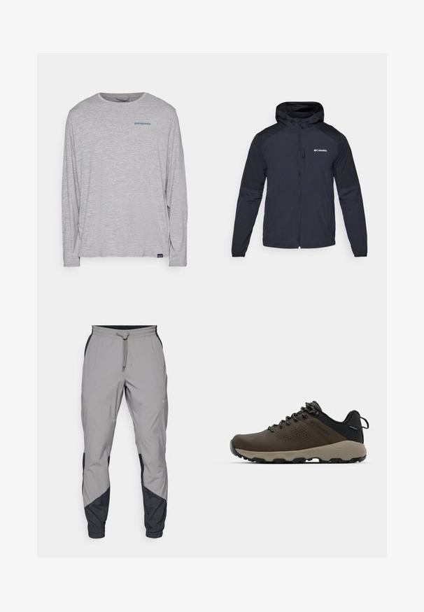 Hettejakke for menn i mørk marineblå, laget av lett, vannavvisende stoff. Har hel glidelås, elastiske mansjetter og en logo på brystet.; Lys grå langermet t-skjorte laget av myk, teksturert stoff. Har rund hals og en liten blå Patagonia-logo på brystet.; Lettvektige, grå treningsbukser med svarte detaljer. Elastisk midjebånd, snøring, tapered benedesign og sidelommer.; Brune vanntette joggesko med teksturert overdel, perforerte detaljer, svart hæl støtte og en grå gummisåle. Snøring er stilisert med metalliske ender.
