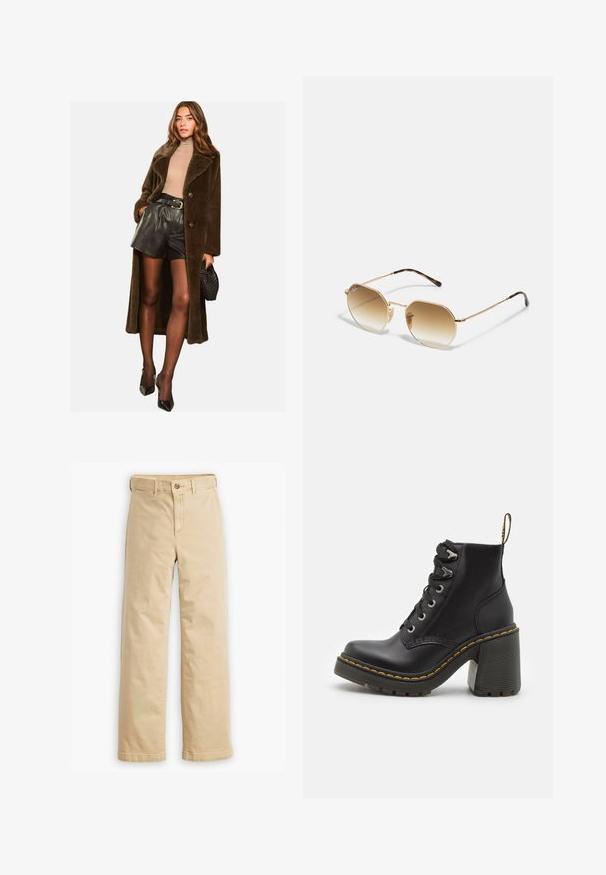 Abrigo de piel marrón, de gran tamaño, con solapa amplia, dos botones y mangas largas, combinado con pantalones cortos de cuero negro y accesorios.; Camisa blanca de manga larga con botones, hecha de algodón. Cuenta con un cuello puntiagudo, una parte delantera completamente abotonada y puños con una textura suave.; Pantalones beige de pierna recta, hechos de una mezcla de algodón, con cierre de botón y bolsillos estándar en la parte delantera y trasera.; Botín de cuero negro con tacón alto grueso, parte delantera con cordones, ojales de metal y costura amarilla a lo largo de la suela. Suela exterior de goma texturizada.; Gafas de sol de metal dorado con montura octagonal, lentes marrones degradados y acentos de carey en las varillas. Diseño ligero.