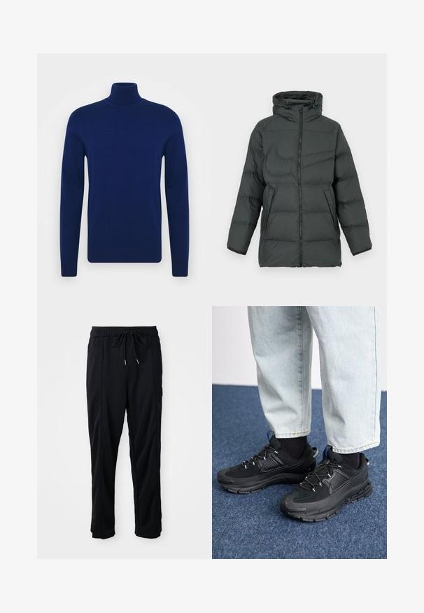Tamsiai pilka pūkinė striukė su gobtuvu, su užtrauktuku priekyje, dviem šoninėmis kišenėmis ir siuvine tekstūra šilumai sulaikyti.; Tamsiai mėlynas golfas, pagamintas iš lygaus mezginio audinio. Ilgos rankovės ir prigludęs siluetas su įribuotais akcentais ant apykaklės ir krašto.; Juodos laisvos kelnės su raišteliu liemens, šoninėmis kišenėmis ir tiesiu kirpimu ant vienodos fono.; Juodi sportiniai bateliai su tekstūruota medžiaga ir guminiais padais, su elastingomis raišteliais ir mėlynu akcentu ant kulno. Dėvimi su šviesiai mėlynomis džinsinėmis kelnėmis.