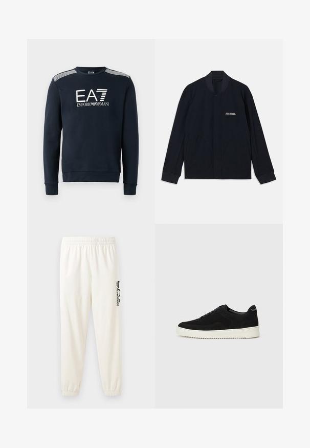 Tamsiai mėlynas švarkas, pagamintas iš medvilnės audinio, su apvalia apykakle, snap mygtukų uždarymu ir dviem didelėmis apvaliom kišenėmis. Minimalus prekių ženklas.; Tamsiai mėlynas džemperis, pagamintas iš minkštos medžiagos, su apvalia iškirpte, ilgomis rankovėmis ir baltu EA7 Emporio Armani logotipu priekyje.; Šviesiai smėlinės spalvos sportinės kelnės su elastine juosta ir elastiniais rankogaliais. Kairėje kojoje yra juodai spausdintas logotipas. Minkšta audinio tekstūra.; Juodos veliūrinės sportinės bateliai su raištelių dizainu ir kontrastinga balta gumine padais. Yra tekstūruoti šoniniai skydeliai ir subtilus logotipas ant kulno.