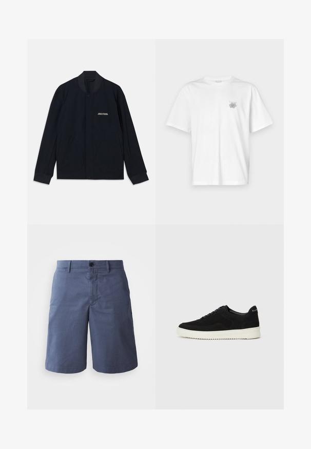 Marineblå jakke laget av bomullsstoff, med rund krage, trykknapplukking og to store buede lommer. Minimal merkevare inkludert.; Hvit T-skjorte laget av bomull, med korte ermer, rund hals og en liten grå logo på venstre brystområde. Smooth tekstur.; Marineblå bomullsshorts med flat front, enkelt knappested, to sidelommer og rett benkutt. Glatt tekstur, ingen synlige mønstre.; Svart semsket sneakers med snøring og kontrasterende hvit gummisåle. Har teksturerte sidepaneler og subtil merkevare på hælen.
