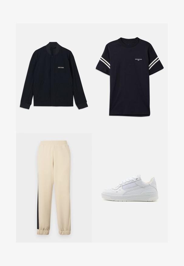 Tumedat sinise värvi jakk, mis on valmistatud puuvillakangast, millel on ümar krae, nupuvajutusega sulgemine ja kaks suurt ümmargust taskut. Minimalistlik bränding.; Tumed sinine puuvillane T-särk, millel on ümar kaelus, lühikesed varrukad ja valged triibud õlgadel, ning trükitud logo rinnal.; Kreemivärvi dressipüksid mustade külgriidega, elastne vöökoht ja soonikud pahkluude juures. Pehme kangas ja mugav lõige.; Valged spordijalatsid, mis on valmistatud nahast ja võrkkangast, ümara ninaga, lamevöödega ja tekstuuritud tallaga, millel on küljes tagasihoidliku brändingu elemendid.