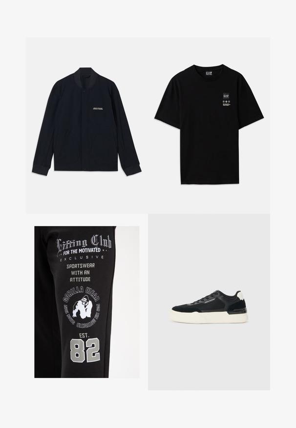 Tmavě modrá bunda vyrobená z bavlněné tkaniny, s kulatým límcem, zapínáním na druky a dvěma velkými kulatými kapsami. Obsahuje minimální branding.; Černé bavlněné tričko s krátkými rukávy, kulatým výstřihem a malou etiketu s logem na přední straně, která obsahuje bílé symboly péče.; Černé sportovní oblečení s bílými potištěnými grafikami, včetně textu a loga gorily, s šedými akcenty a zvýrazněným rokem "82".; Černé tenisky vyrobené z mřížkového materiálu a kůže, s výraznou bílou podešví a kontrastními akcenty. Šněrování a detail loga na straně.