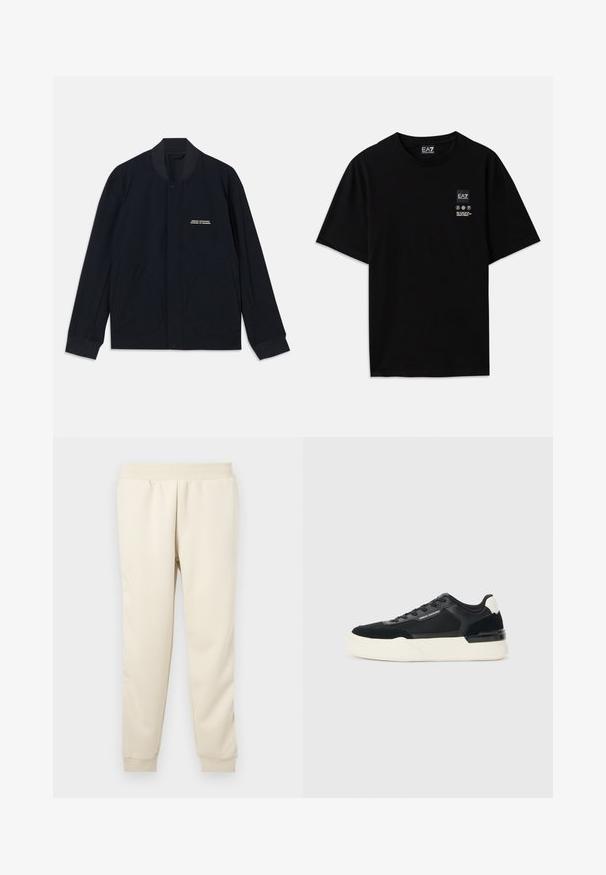 Marineblå jakke laget av bomullsstoff, med rund krage, trykknapplukking og to store buede lommer. Minimal merkevare inkludert.; Svart bomulls t-skjorte med kort erm, rund hals og et lite logo-merke foran med pleiesymboler i hvitt.; Lys beige joggebukser laget av mykt stoff med en smal design, elastisk midje og mansjetter ved anklene. Ingen synlige mønstre eller detaljer.; Svart sneaker laget av mesh og lær, med en tykk hvit såle og kontrasterende detaljer. Lissene og logoen er detaljer på siden.