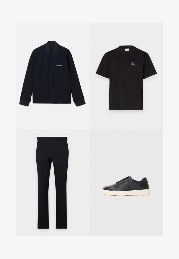 Tengerészkék dzseki pamut anyagból, kerek gallérral, patenttal záródó előlappal és két nagy, lekerekített zsebbel. Minimális márkajelzés található rajta.; Fekete pamut póló kerek nyakkal és rövid ujjakkal. Bal mellen egy kis kék logó található. Egyszerű, egyenes szabású dizájn.; Fekete, egyenes szárú nadrág sima anyagból készült. Övgyűrűvel, gombos záródással rendelkezik, és nincs látható minta vagy díszítés.; Fekete bőr sportcipő textúrázott felülettel, kerek orral és lapos fehér gumitalppal. Fekete fűzőkkel és márkázással a sarkán.