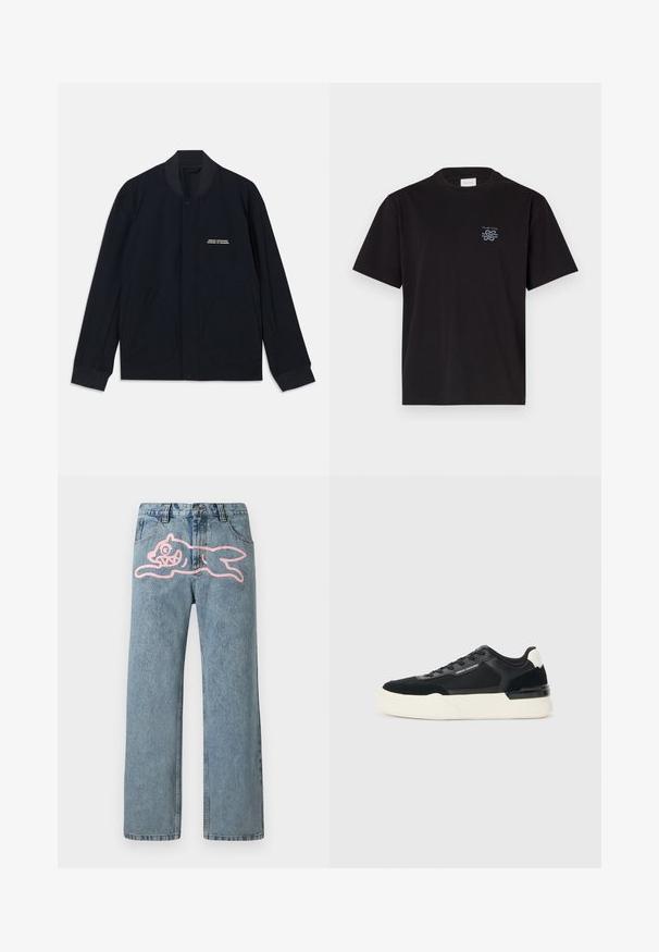 Jachetă albastru marin din țesătură de bumbac, cu guler rotund, închidere cu buton tip snap și două buzunare mari rotunde. Brand minimal inclus.; Tricou din bumbac negru cu guler rotund și mâneci scurte. Prezintă un mic logo albastru pe partea stângă a pieptului. Design simplu, cu tăietură dreaptă.; Jeans din denim de culoare albastră deschisă, cu picioare drepte, având un grafic mare cu o pisică cartoon roz pe coapsa stângă. Design clasic cu cinci buzunare.; Adidași negri din plasă și piele, cu o talpă groasă albă și accente contrastante. Șireturi și detalii ale logo-ului pe lateral.