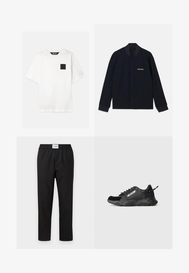 Navy blue jacket made from cotton fabric, featuring a round collar, snap button closure, and two large rounded pockets. Minimal branding included.; White cotton t-shirt with short sleeves, featuring a black square logo patch on the left chest. Round neckline, relaxed fit.; Black trousers with an elastic waistband. Made from a smooth, lightweight fabric. Features a straight-leg design and minimal detailing.; Black athletic sneaker with thick sole, mixed materials, branded side panel, lace-up closure, and branded pull tab on heel.