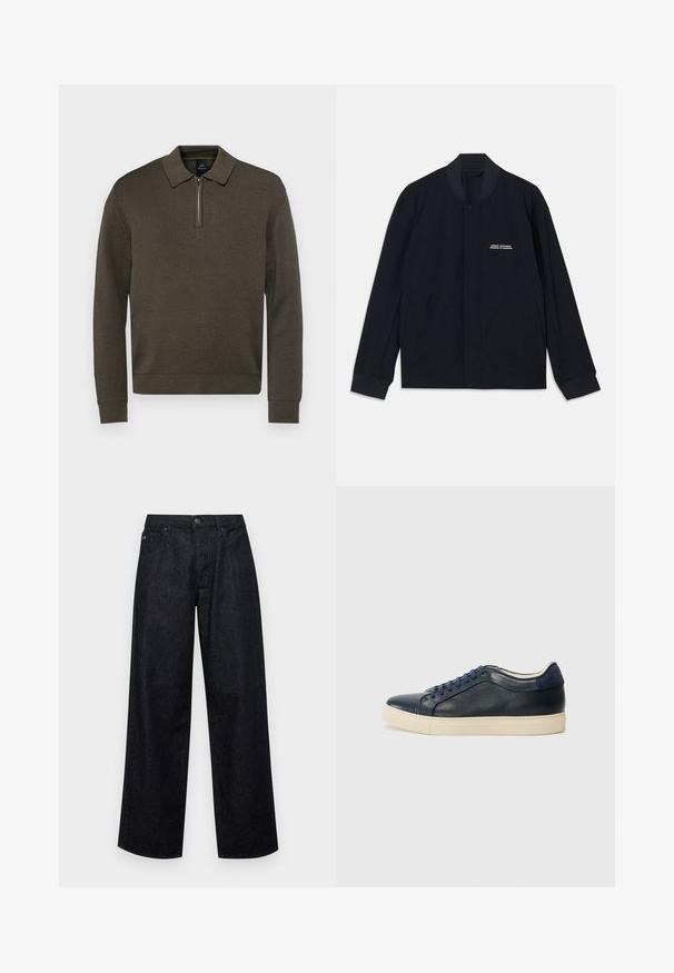 Mornarsko modra jakna iz bombažne tkanine, z okroglim ovratnikom, zapiranjem na pritisne gumbe in dvema velikima okroglima žepoma. Minimalno označevanje blagovne znamke.; Armani Exchange Pulover - black olive; Temno modri široki kavbojke iz denima. Imajo zaponko, zanke za pas in sprednje žepke. Gladka tekstura z minimalnimi vidnimi šivi.; Morske modre usnjene superge s kremasto gumijasto podlogo, opremljene z modrimi vezalkami in gladko teksturo. Zaokrožena kapica in minimalističen dizajn.