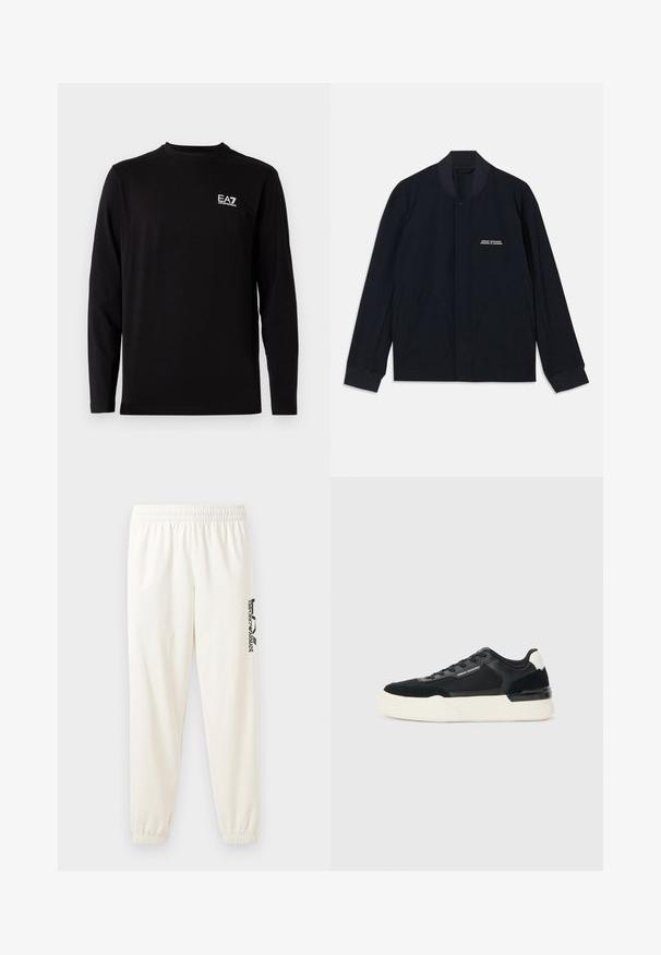 Tamsiai mėlynas švarkas, pagamintas iš medvilnės audinio, su apvalia apykakle, snap mygtukų uždarymu ir dviem didelėmis apvaliom kišenėmis. Minimalus prekių ženklas.; Juodas ilgomis rankovėmis marškinis, pagamintas iš minkštos medžiagos. Pirmame kairiajame krūtinės kampe yra mažas baltas logotipas. Paprastas apvalus iškirpimas ir tiesus kirpimas.; Šviesiai smėlinės spalvos sportinės kelnės su elastine juosta ir elastiniais rankogaliais. Kairėje kojoje yra juodai spausdintas logotipas. Minkšta audinio tekstūra.; Juodos sportinės bateliai, pagaminti iš tinklinės medžiagos ir odos, su storu baltu padu ir kontrastingais akcentais. Raišteliai ir logotipo detalės šone.