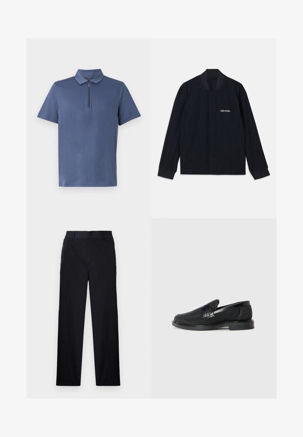 Marineblå jakke laget av bomullsstoff, med rund krage, trykknapplukking og to store buede lommer. Minimal merkevare inkludert.; Polo-skjorte i marineblått med korte ermer, glidelåskrage og glatt, lett stoff. Enkelt design uten mønstre eller detaljer.; Sorte bukser med lett og teksturert stoff, rett ben-design, elastisk midjebånd og sidelommer med glidelås.; Sorte vevde slip-on sko med en glatt lærdetalj på overdelen, design med rund tå og en lavprofil gummisåle.