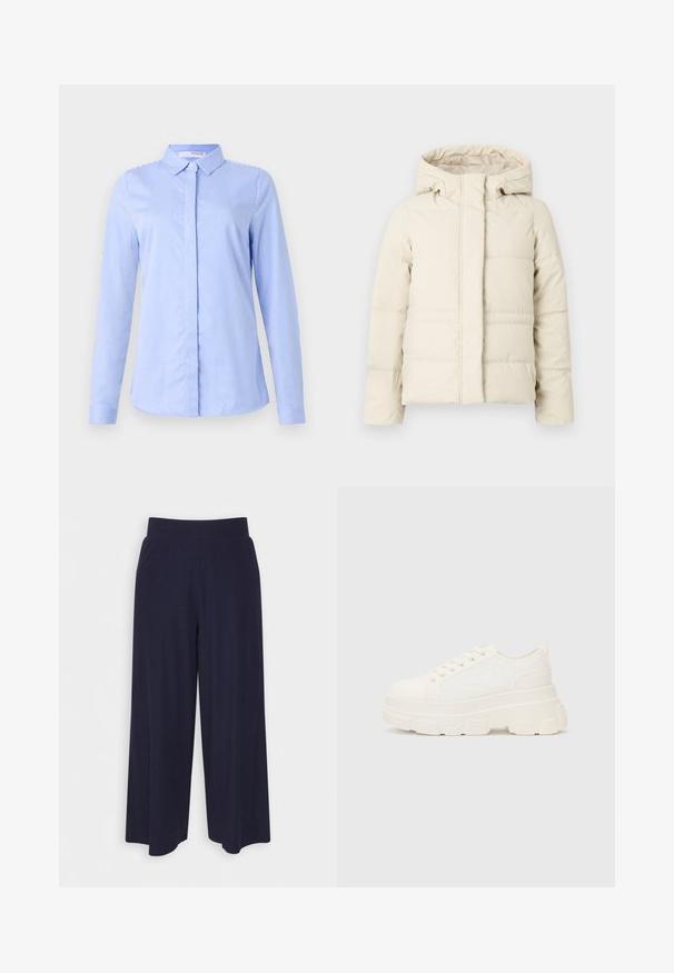 Casaco acolchoado de cor creme com capuz, apresentando um fecho de correr na frente e costuras horizontais para uma textura acolchoada.; Camisa de manga longa com riscas azuis e brancas, com colarinho, apresentando um tecido suave e uma bainha curva.; Calças largas em tecido azul-marinho escuro com uma textura ribada. Apresenta uma cintura suave e uma silhueta fluida, atingindo o comprimento até metade da panturrilha.; Sapatilhas brancas em lona com sola espessa, biqueira arredondada e cinco ilhós para atacadores. Laço traseiro para calçar facilmente. Textura suave, design minimalista.