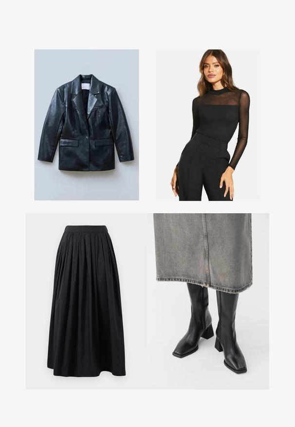 Blazer en cuir noir avec un col cranté, fermeture à un bouton, deux poches avant et une texture lisse et brillante.; Haut noir à manches longues avec une texture côtelée et des détails en mesh transparent aux épaules. Associé à un pantalon noir taille haute.; Jupe noire, longueur genou, en tissu léger avec une large taille froncée et un design plissé, offrant une silhouette ample.; Bottes noires montantes en cuir lisse avec un bout carré et un talon bloc. Portées avec une jupe en denim grise à l'ourlet effiloché.