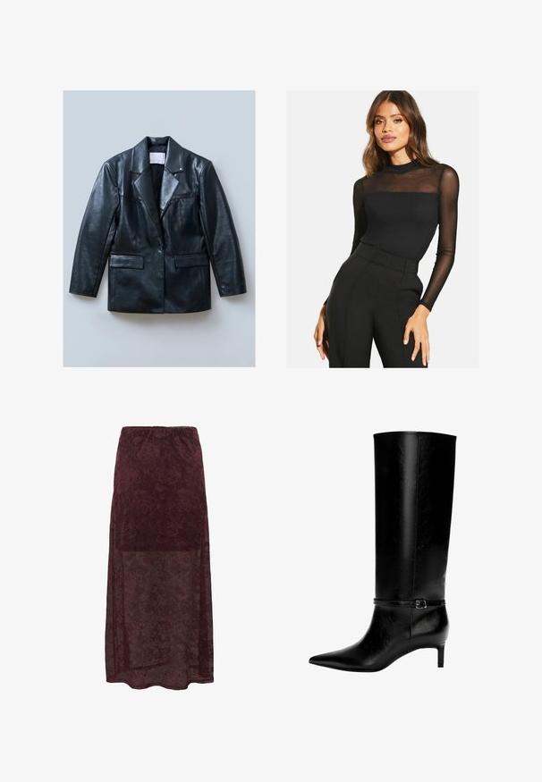 Sort læderblazer med spids revers, enkelt knaplukning, to forlommer og en glat, skinnende tekstur.; Sort langærmet top med ribbet tekstur og gennemsigtig mesh-detalje ved skuldrene. Sammen med højtaljede sorte bukser.; Bordeaux blonde maxiskørt med blomsterprint, gennemsigtig nederste sektion og elastisk talje. Blødt, struktureret stof.; Sort læderknæhøj støvle med spids tå og en lille hæl. Har en smal rem med en metallisk spænde omkring anklen. Glat overflade.