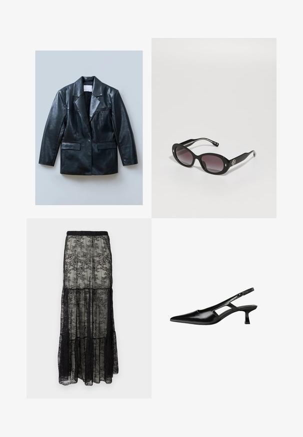 Černý kožený blejzr s klopeným límcem, jednořadým zapínáním na knoflík, dvěma předními kapsami a hladkou, lesklou texturou.; Černý top s dlouhým rukávem, ribovanou texturou a průhlednými síťovými detaily na ramenou. V kombinaci s černými kalhotami s vysokým pasem.; Černá krajková maxi sukně s vrstveným designem, s elastickým pasem a květinovými vzory. Materiál je průsvitný s jemnou strukturou.; Černé lakované lodičky na podpatku se špičatou špičkou, výřezovým designem na boku a malým čtvercovým podpatkem. Hladká textura s minimálními akcenty.; Černé sluneční brýle s gradientními tmavými skly, oválného tvaru, lesklý povrch, s výrazným logem na straně a stříbrnými akcenty.
