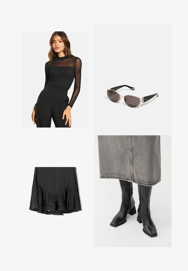 Czarna skórzana marynarka z klapami, z jednorzędowym zapięciem na guzik, dwoma przednimi kieszeniami i gładką, błyszczącą teksturą.; Czarna bluzka z długim rękawem o prążkowanej fakturze i przezroczystymi wstawkami z siateczki na ramionach. Połączona z czarnymi spodniami o podwyższonej talii.; Czarna spódnica z warstwowym falbanym dołem, wykonana z teksturowanej tkaniny. Ma wycięcia na dolnej krawędzi oraz kształt V u góry.; Czarne kozaki za kolano z gładkiej skóry, o kwadratowym nosku i słupkowym obcasie. Noszone z szarym dżinsowym mini spódnicą z postrzępionym dołem.; Czarno-złote okulary przeciwsłoneczne o wąskiej, owalnej oprawie, ciemnych soczewkach i ozdobnych elementach w okolicy zauszników. Lekka i smukła konstrukcja.