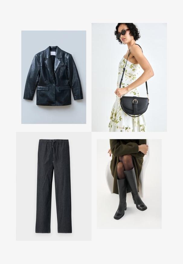 Black leather blazer with a notched lapel, single button closure, two front pockets, and a smooth, shiny texture.; Black camisole tops with thin straps, featuring a smooth, stretchy fabric and a fitted silhouette. Two-pack design.; Dark denim pants with an elastic waistband and drawstring, featuring a straight leg design and contrasting stitching accents.; Knee-high black leather boots with a squared toe and block heel, shown with a model seated in an olive green coat. Smooth texture, minimal detailing.; Black leather handbag with a curved shape, detachable strap, and gold hardware. The bag features a flap with a buckle detail.