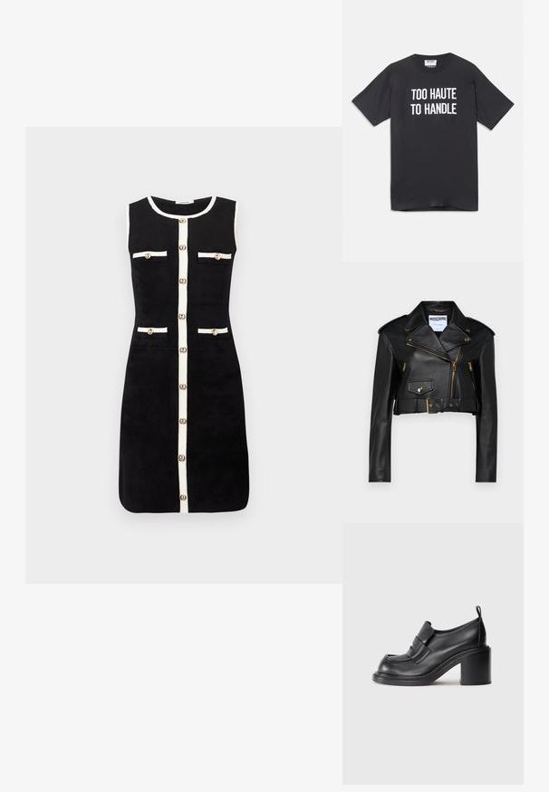 Černá kožená zkrácená motorkářská bunda s klopeným límcem, zlatými zipy, bočními kapsami a páskem v pase s nastavitelným kováním.; Černé bezrukávové šaty mají rovný střih, bílé lemování na okrajích, čtyři přední kapsy s knoflíky a centrální knoflíkovou légu.; Černé bavlněné tričko s krátkým rukávem a kulatým výstřihem, na přední straně s bílým nápisem "TOO HAUTE TO HANDLE".; Černé kožené boty na podpatku s kulatou špičkou, výrazným páskem přes nárt a robustním designem podpatku. Hladký povrch s minimálním šitím.