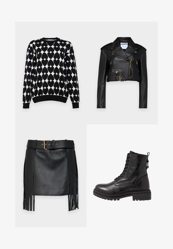 Black leather cropped biker jacket featuring a notched collar, gold zippers, side pockets, and a belted waist with adjustable hardware.; Black and white sweater featuring a heart pattern, ribbed crew neck and cuffs, with a textured knit finish.; Black faux leather skirt with fringed details. Features a wide belt with a gold buckle and multiple adjustment holes. Smooth texture.; Black leather ankle boot with round toe, lace-up front, and textured rubber sole. Features a pull tab at the back and reinforced stitching.