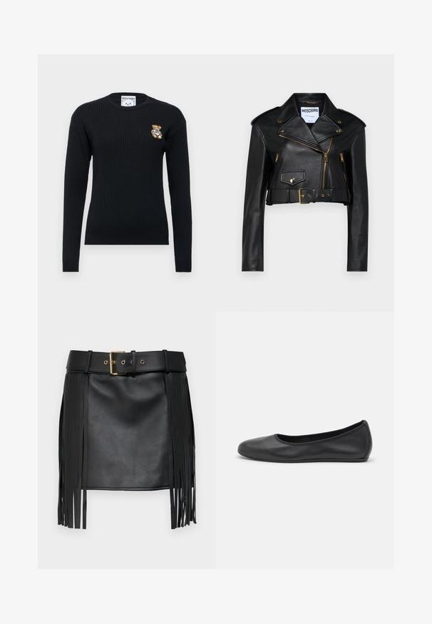 Black leather cropped biker jacket featuring a notched collar, gold zippers, side pockets, and a belted waist with adjustable hardware.; Black ribbed knit sweater with long sleeves, featuring a bear patch on the left chest. Round neckline, soft texture, casual fit.; Black faux leather skirt with fringed details. Features a wide belt with a gold buckle and multiple adjustment holes. Smooth texture.; Black leather ballet flat with a rounded toe, smooth texture, minimal stitching detail, and a flexible sole design.