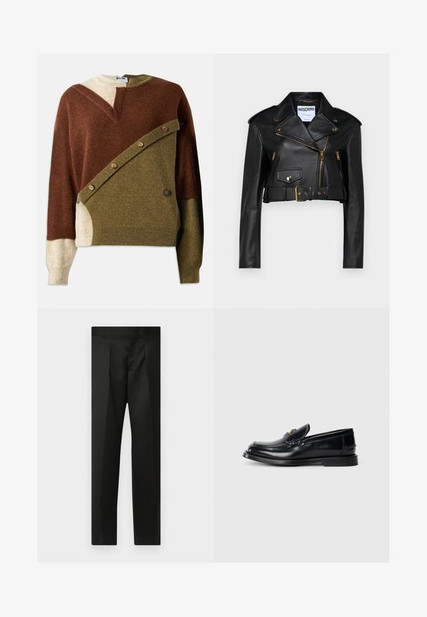 Giubbotto biker cropped in pelle nera con colletto a punte, zip dorate, tasche laterali e vita con cintura dotata di hardware regolabile.; Maglione lavorato a maglia con una miscela di tonalità marrone, verde oliva e beige. Presenta un design diagonale unico con dettagli di bottoni sulla parte anteriore.; Pantaloni neri realizzati in un tessuto morbido, design su misura, gambe dritte e una vita piatta senza chiusure o tasche visibili.; Mocassino in pelle nera con un design cucito, una piccola linguetta anteriore e una suola in gomma piatta. Texture liscia con dettagli in metallo dorato.