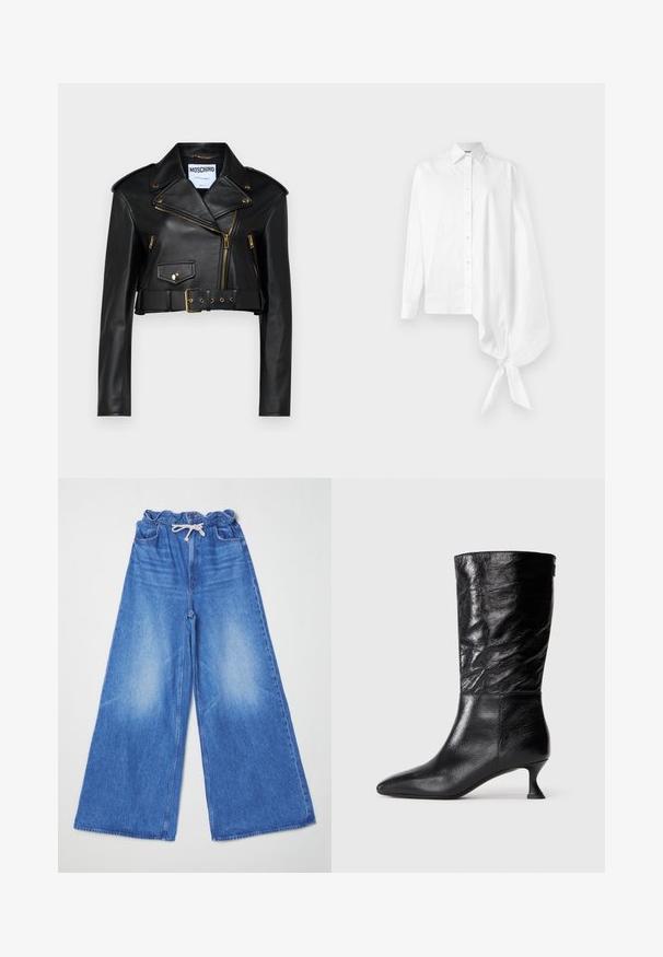 Melna ādas īsā motocikla jaka ar iegriezto apkakli, zelta rāvējslēdzējiem, sānu kabatām un jostu vidukļa daļā ar regulējamu aparatūru.; Balta garā piedurkne krekls ar pogu, ar asimetrisku pārspīlētu gathered piedurkni, kas sasieta ap plaukstu labajā pusē.; Plati zili denima džinsi ar savilkta elastīga jostasvieta un saite. Iespējas divas priekšējās kabatas un izbalējusi apdare.; Melna ādas zābaku pusmēte ar smailu purngalu, krokainu augšējo tekstūru un zemu ieliektu mazo papēdi uz vienkārša balta fona.