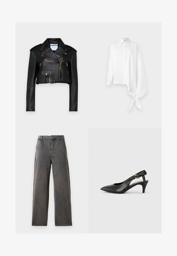 Jachetă de motociclist din piele neagră, scurtă, cu guler tăiat, fermoare aurii, buzunare laterale și o talie cu curea dotată cu accesorii reglabile.; Cămașă albă cu mânecă lungă, cu nasturi, având o mânecă asimetrică supradimensionată, adunată și legată la încheietura mâinii pe partea dreaptă.; Pantaloni largi dintr-un material gri estompat, cu închidere prin buton, curea și buzunare laterale cu o textură subtilă.; Pantofii slingback din piele neagră, cu vârf ascuțit, toc mic și detaliu cu cataramă pe brățara gleznei. Textură netedă, design minimalist.