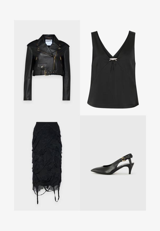 Fekete bőrből készült, rövidített motoros dzseki, amelynek kivágott gallérja, arany cipzárok, oldalsó zsebek és övvel ellátott, állítható dereka van.; Fekete ujjatlan felső V-nyakkal, díszes csomóval és ezüst színű részletekkel a középen, sima, elegáns anyagból készült.; Fekete szoknya rétegezett csipkével, testhezálló derékkal és állítható pántokkal. A dizájn hullámszerű mintázattal rendelkezik.; Fekete bőr slingback szivattyú hegyes orral, kis sarokkal és csat részlettel a bokapánton. Simaság, minimalista dizájn.