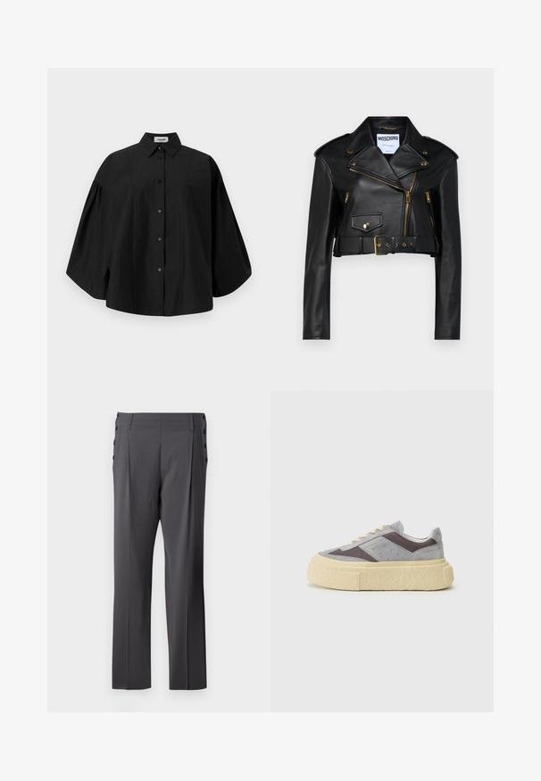 Black leather cropped biker jacket featuring a notched collar, gold zippers, side pockets, and a belted waist with adjustable hardware.; AERON HALEY SHIRT - Button-down blouse - black; Gray tailored pants featuring a straight leg design, front pleats, and decorative side buttons for added detail. Smooth fabric texture.; Grey suede sneakers with mesh paneling, cream sole, and rounded toe. Features beige laces and subtle perforations on the sides.