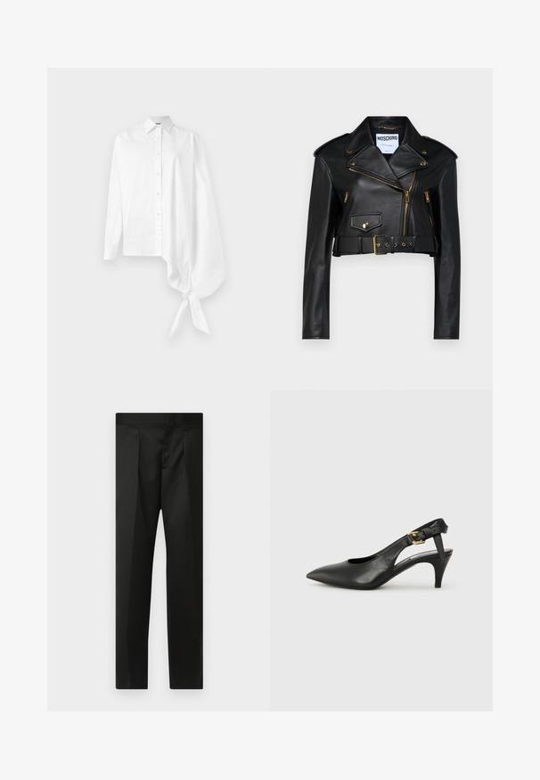 Black leather cropped biker jacket featuring a notched collar, gold zippers, side pockets, and a belted waist with adjustable hardware.; White long-sleeve button-up shirt with an asymmetric oversized gathered sleeve tied at the wrist on the right side.; Black trousers featuring a smooth fabric, tailored design, straight legs, and a flat waistband with no visible closures or pockets.; Black leather slingback pump with a pointed toe, small heel, and a buckle detail on the ankle strap. Smooth texture, minimalist design.