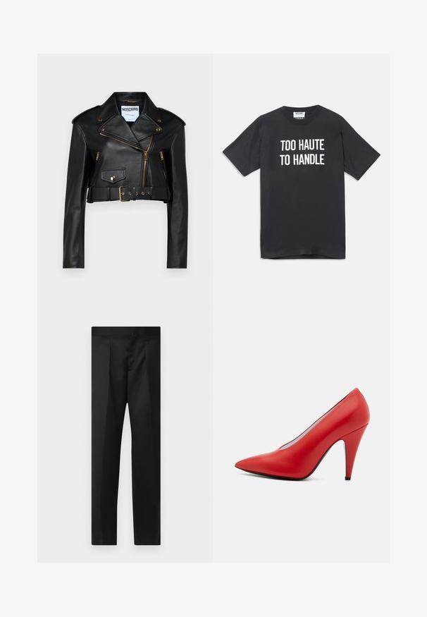 Juodas odinis trumpas motociklininkų švarkas su išpjautu apykakle, auksinėmis užtrauktukais, šoninėmis kišenėmis ir dirželiais ant liemens su reguliuojama furnitūra.; Juoda medvilninė marškinė su trumpomis rankovėmis ir apvalia iškirpte, priekyje užrašyta balta tekstu "PER DAUG KARŠTA VALDYTI".; Juodos kelnės su lygiu audiniu, pritaikytu dizainu, tiesiomis kojomis ir plokščiu juosmeniu be matomų užsegimų ar kišenių.; Raudoni odiniai aukšti kulniukai su smailiu pirštu, liekna siluetu, glotnia tekstūra ir plonu juodu padu. Stiletto kulno dizainas.