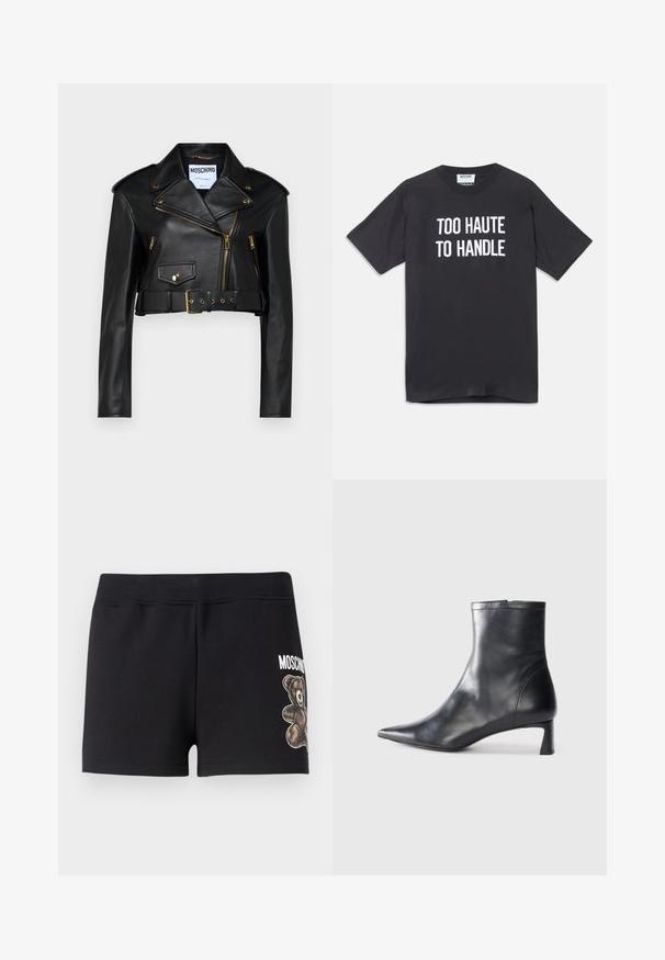 Veste de moto en cuir noir, courte, avec un col cranté, des fermetures éclair dorées, des poches latérales et une taille ceinturée avec un matériel ajustable.; T-shirt en coton noir à manches courtes et col rond, avec un texte blanc sur le devant qui dit "TROP CHAUD POUR ÊTRE GÉRÉ".; Shorts en coton noir avec une texture douce, présentant un graphisme de ours en peluche et le mot "Moschino" en blanc sur le côté.; Bottine en cuir noir avec un bout pointu et un design épuré. Présente un petit talon et une fermeture éclair à l'arrière. Texture lisse.