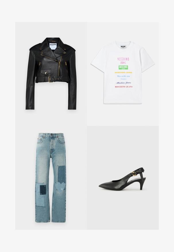 Must musta lõikeline nahkjope, millel on nurgelised kraed, kuldsed tõmblukud, küljetaskud ja reguleeritava riistvaraga vöö.; Valge puuvillane T-särk, mille ees on mitmed teksti logod roosa, rohelise, kollase, sinise ja punase värviga, paigutatud vertikaalselt.; Heledudega teksapüksid sirge jala lõikega. Omavad mitmeid kontrastseid plaastreid, sealhulgas südamekujulist ning süsteemseid õmbluse detaili.; Must musträkkidega must nahast slingback-kontsaking, millel on terav nina, väike konts ja pandla detail pahkluu rihmal. Sile tekstuur, minimalistlik disain.