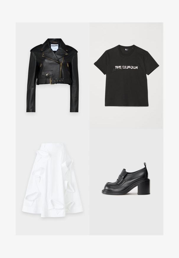 Čierna kožená skratná bikerská bunda s ostrým golierom, zlatými zipsami, bočnými vreckami a opaskom s nastaviteľným kovovým doplnkom.; Čierne bavlnené tričko s krátkymi rukávmi, na prednej strane so potlačou bieleho a šedého dizajnu "THE 2LOOK". Klasický okrúhly výstrih.; Biela áčková sukňa z bavlny s nadmernými vykrojenými detailmi a hladkou textúrou. Obsahuje štruktúrovaný pás.; Čierne kožené topánky na podpätku s okrúhlou špičkou, výrazným pásom cez priehlavok a robustným podpätkom. Hladká textúra s minimálnym prešitím.