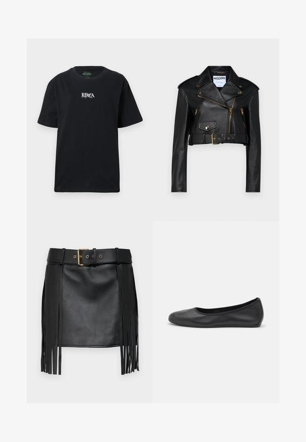 Black leather cropped biker jacket featuring a notched collar, gold zippers, side pockets, and a belted waist with adjustable hardware.; Black cotton t-shirt with a relaxed fit. Features a white "RVCA" logo printed on the front. Short sleeves and a round neck design.; Black faux leather skirt with fringed details. Features a wide belt with a gold buckle and multiple adjustment holes. Smooth texture.; Black leather ballet flat with a rounded toe, smooth texture, minimal stitching detail, and a flexible sole design.