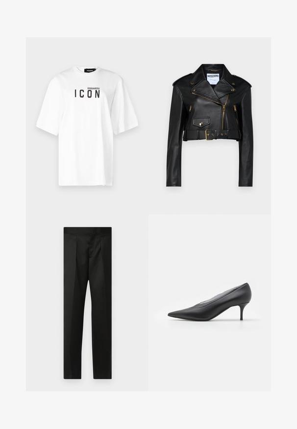 Schwarze Leder-Cropped-Bikerjacke mit einem Reverskragen, goldenen Reißverschlüssen, seitlichen Taschen und einem Taillengürtel mit verstellbarem Beschlag.; DSQUARED2 ICON TEE - T-Shirt print - white; Schwarze Hose aus glattem Stoff, maßgeschneidertem Design, mit geraden Beinen und einem flachen Bund ohne sichtbare Verschlüsse oder Taschen.; Schwarzer spitz zulaufender High-Heel-Schuh aus glattem Leder. Besitzt einen schlanken Absatz und ein minimalistisches Design ohne sichtbare Verzierungen.