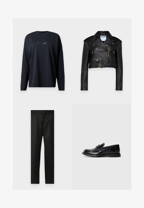 Jachetă de motociclist din piele neagră, scurtă, cu guler tăiat, fermoare aurii, buzunare laterale și o talie cu curea dotată cu accesorii reglabile.; Cămașă sport cu mâneci lungi, de culoare neagră, confecționată dintr-un material texturat, având un logo reflexiv pe partea din față și o gâtă rotundă.; Pantaloni negri cu un material neted, design croit, picioare drepte și un talie plată fără închideri sau buzunare vizibile.; Mocasin din piele neagră cu un design cusut, o mică clapă frontală și o talpă plată din cauciuc. Textură netedă cu accente din metal aurit.